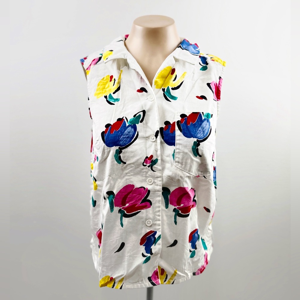 Vintage 80’s Floral Tulip Sleeveless Top Button Down Colorful